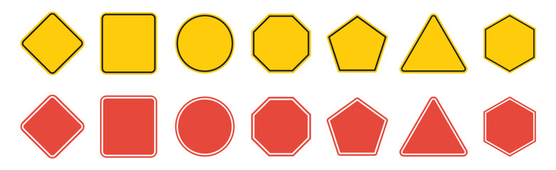 Set of road signs. Realistic yellow road sign. Road traffic signs of different shapes on metal poles vector illustration set. Empty traffic signs isolated on transparent background.