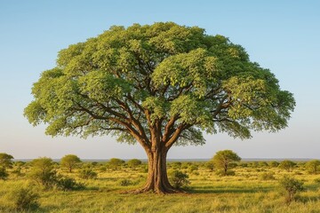 Fototapeta premium Majestic Acacia tree with spreading canopy in African savanna landscape. Perfect for nature, travel, wildlife conservation & environmental themes. Classic savanna scenery stock photo.