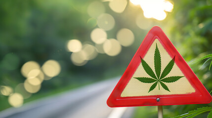 Close-up of red warning sign with cannabis leaf symbol, caution alert for marijuana and drug awareness, substance abuse prevention concept.
