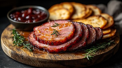 Fototapeta premium Sliced roasted ham with sides. Garnished with herbs and served on a wooden board
