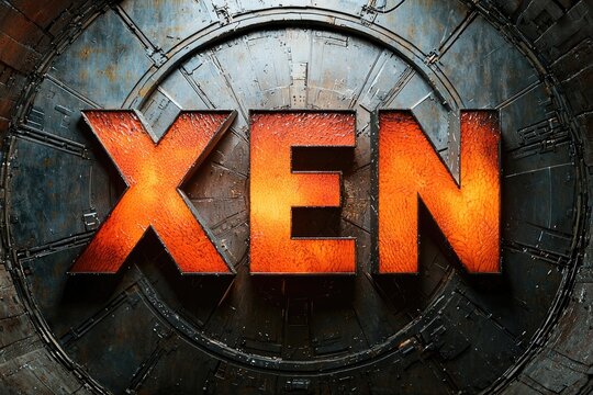 Fiery, glowing letters XEN on a metallic backdrop.