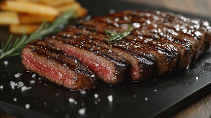 Sliced steak with crispy fries