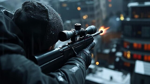 Close-up view of a person aiming a rifle with a scope, shooting in a snowy city at night. Dark clothing, muzzle flash visible