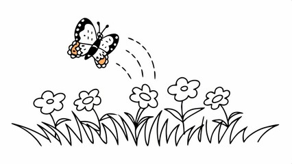 Obraz premium A butterfly flutters above blooming flowers and grass in this simple, black-and-white drawing.