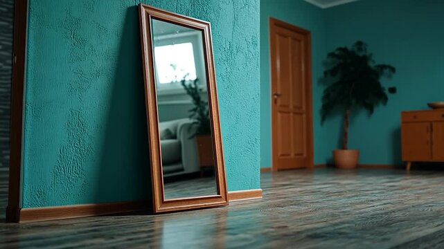Full length mirror with wooden frame leans against teal textured wall in modern interior.  Dark hardwood floor, potted plant, and wooden cabinet visible