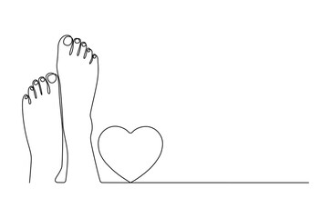 Continuous one line drawing of Female feet pedicure with love signs. Single line drawing illustration of Woman legs of for beauty. Love and foot care concept vector art. Doodle line illustration.