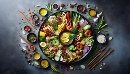 Fototapeta premium Cultural fusion food art blending ingredients and plating styles from different world cuisines, Ai created image