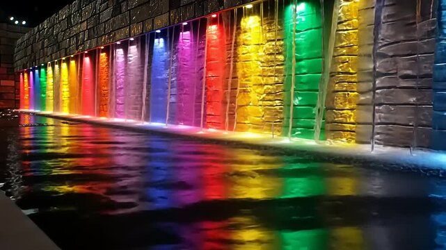 Colorful Waterfall Display and Reflections in Water, illuminated by vibrant lights background