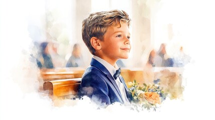 Blessed First Communion Ceremony of Young Boy in Watercolor Painting on White Background