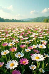 Expansive field, masses of blooming white & pink daisies , wildflowers, wallpaper, botanical