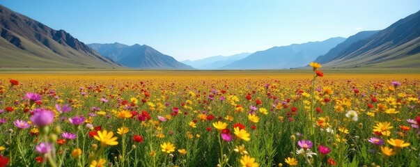 Fototapeta premium Expansive field of wildflowers at Diamond Valley Lake, California , outdoor, nature, photography