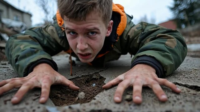 Close-up view of a young man with a worried expression crawling on cracked asphalt. He is wearing a jacket and an orange shirt. The background shows a damaged building and debris, suggesting a