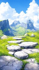 Stone Path Leading to Mountain Range under Sunny Sky