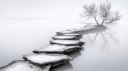 Stone Path Through Foggy Winter Landscape
