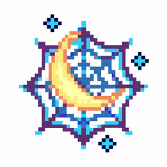 Fototapeta premium Pixel art crescent moon on geometric pattern background, 8 bit celestial design