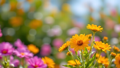 a vibrant bouquet of multicolored flowers, prominently featuring orange and yellow blossoms, set aga