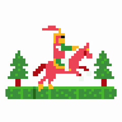 Pixel art knight on horseback in vibrant colors, retro gaming adventure