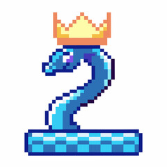 Fototapeta premium Pixel art blue snake with crown on number two base