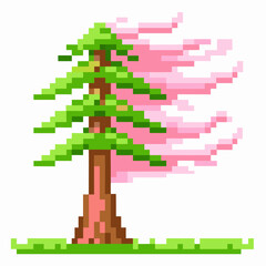 Fototapeta premium pixel art pine tree with pink cherry blossoms retro digital nature illustration, wind blown