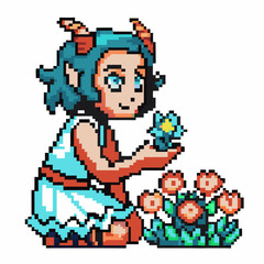 Obraz premium pixel art character, blue haired elf, admiring flowers cute fantasy retro game, whimsical garden scene