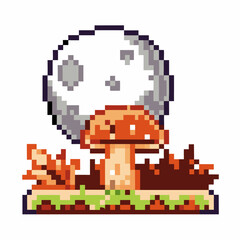 Pixel art mushroom and moon scene retro gaming aesthetic with stylized elements, 8 bit nature landscape