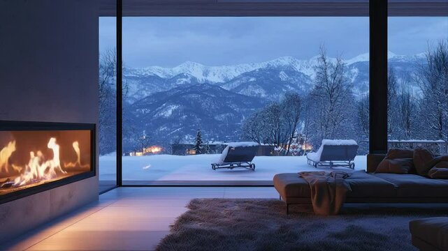 Modern chalet living room with mountain view