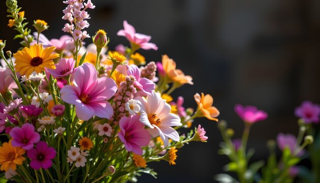a vibrant floral arrangement in full bloom, displayed in a large vase set against a backdrop of a ru