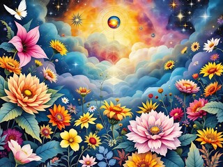 Maximalist psychedelic collage blending sacred geometry, alchemical texts, botanical sketches, and cosmic visuals. Rich layers of hand-drawn and photographic elements evoke mystical symbolism