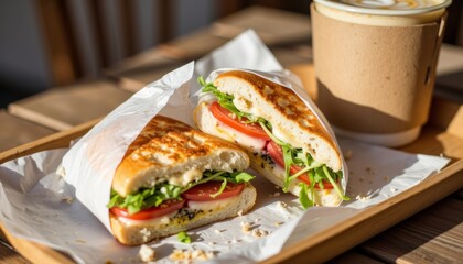 Fresh breakfast sandwich on tray with coffee cup in cafe setting  