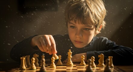 Boy plays chess game on wooden board in a dimly lit room.