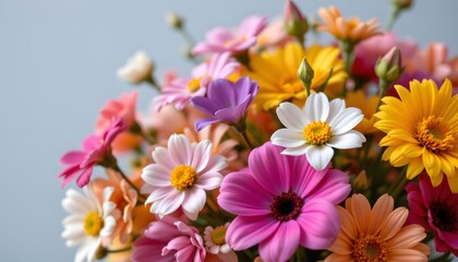 a bouquet of multi colored flowers against a plain background.