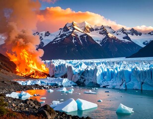 Dramatic glacier sunrise with fire