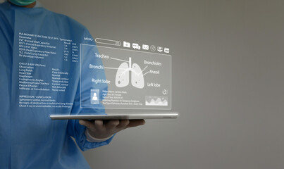 Digital health data and electronic health record or EHR. Doctor uses tablet to access patient records to improve diagnosis, treatment, disease management, and healthcare outcomes