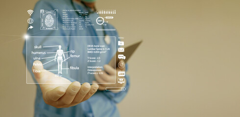 Digital health data and electronic health record or EHR. Doctor uses tablet to access patient records to improve diagnosis, treatment, disease management, and healthcare outcomes