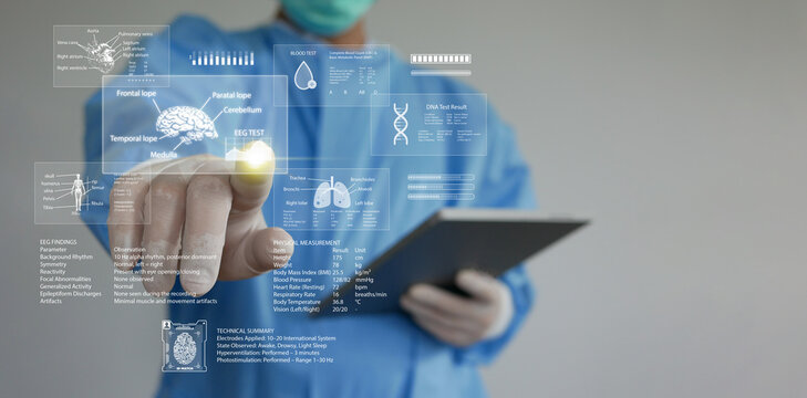 Digital health data and electronic health record or EHR. Doctor uses tablet to access patient records to improve diagnosis, treatment, disease management, and healthcare outcomes - Powered by Adobe