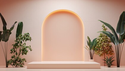 Studio Lighting Setup on Gradient Ivory Background with Arch Niche and Plants