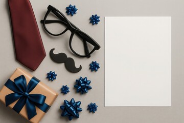 fathers day Flat Lay of Men's Accessories with a Blank Card on a Gray Surface for Mockup Designs