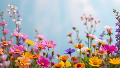 this is an image showcasing a vibrant flower meadow with a variety of flowers blooming in full sunli