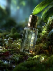Nature perfume bottle among greenery close-up serene environment
