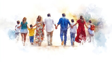 People holding hands with Jesus in digital watercolor painting on white background