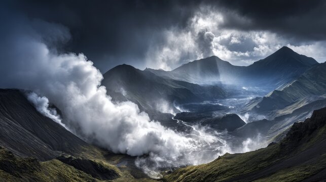 Dramatic volcanic landscape iceland steam clouds mountains
