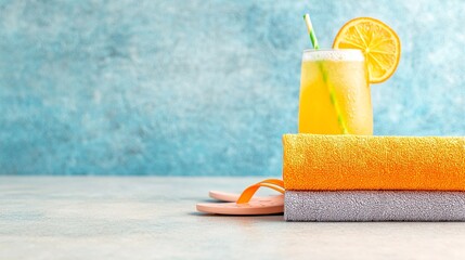 Summer Beach Flatlay: Orange Drink, Towels, and Flip-Flops