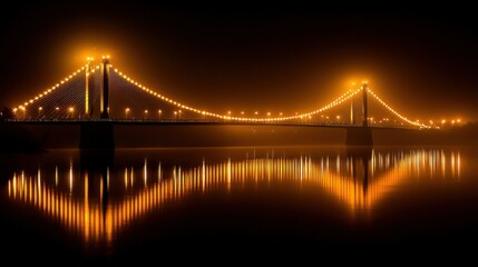 Obraz premium Illuminated suspension bridge reflecting in tranquil water during the evening