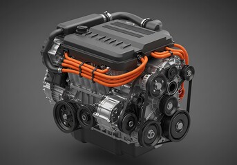 A detailed view of an electric vehicle motor shows the components in detail on a gray background. 3D visualization