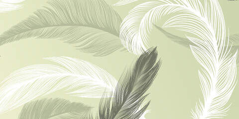 Elegant seamless vector background featuring delicate white and gray feathers on a soft green gradient. Perfect for fabric, wallpaper, packaging, and decorative designs.