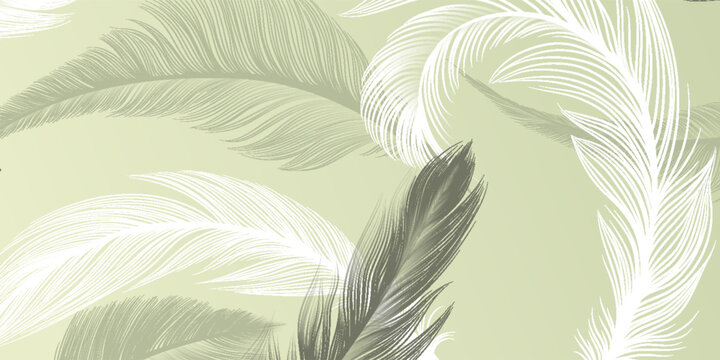 Fototapeta Elegant seamless vector background featuring delicate white and gray feathers on a soft green gradient. Perfect for fabric, wallpaper, packaging, and decorative designs.