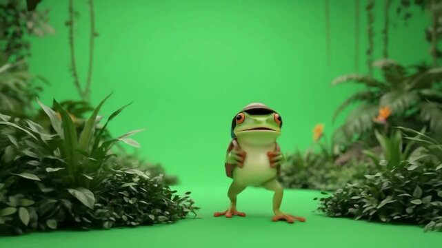 frog explorer, adventurous frog, jungle adventure frog, frog backpack, green frog explorer, 3D frog art, jungle scene frog, cute frog cartoon, wilderness frog character, frog journey, travel frog, tro