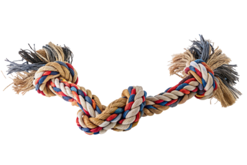 A colorful knotted rope toy with frayed ends isolated on a black background in horizontal orientation