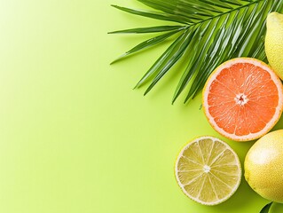 Summer Citrus Fruits Flatlay with Palm Shadows on Light Green Background
