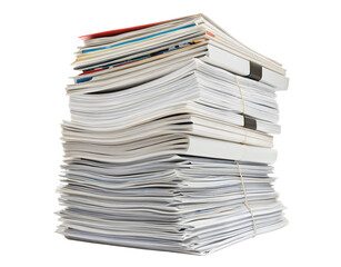 A large stack of white papers and documents tied together with string and binder clips visible on top